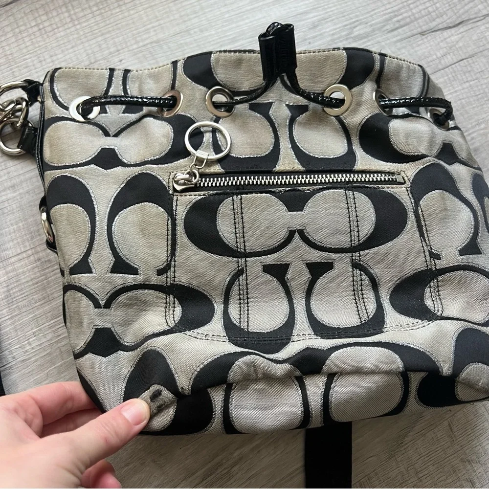 Coach Poppy Metallic Cinch Bucket Bag Black Gray Shoulder Crossbody Bag 17930